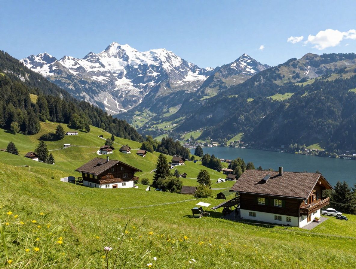 Panoramablick über eine Schweizer Berglandschaft bei klarem, sonnigem Wetter mit dem Zürichsee im Vordergrund, symbolisiert langfristige Vision, Beständigkeit und die Verwurzelung von Hylaxus in der Schweiz