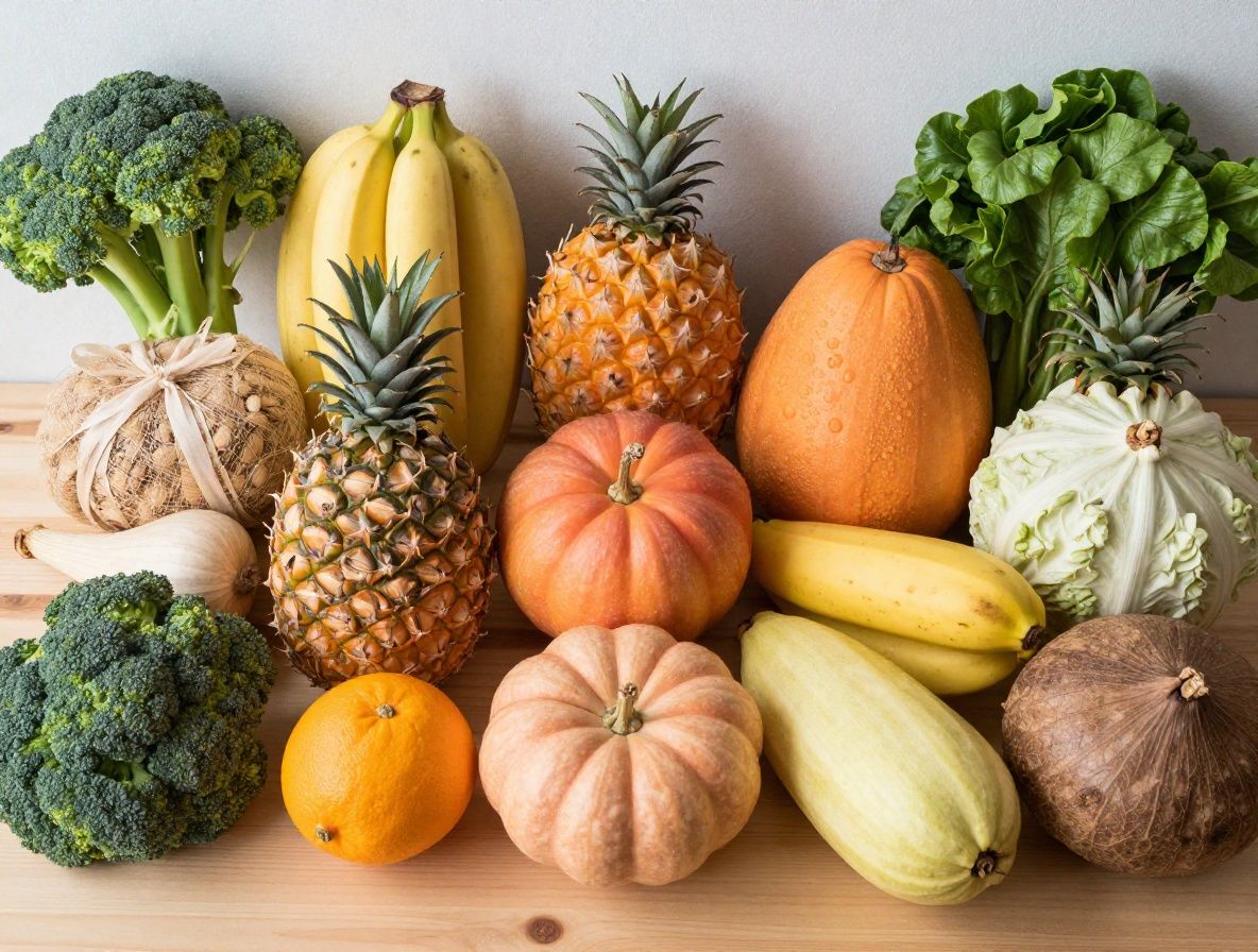Vielfältige Auswahl an frischem Gemüse, Obst, Nüssen und Vollkornprodukten auf einem hellen Holztisch, symbolisiert bewusste und ausgewogene Ernährungsgewohnheiten