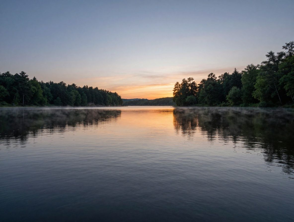 Ruhige Berglandschaft mit einem stillen See bei Dämmerung, die Entspannung und mentale Ausgeglichenheit als Gegenpol zu alltäglichem Stress symbolisiert